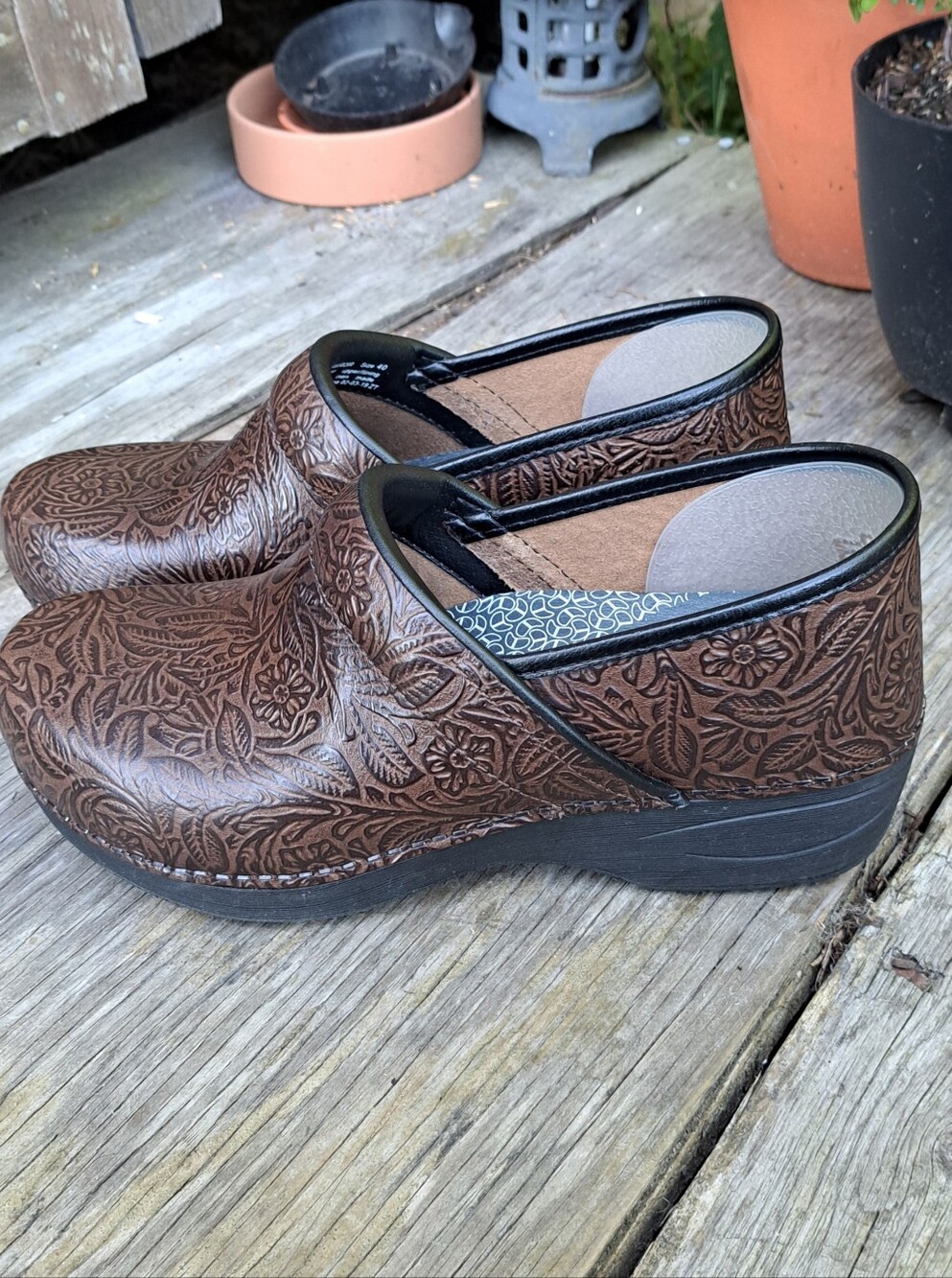 Brown Floral Tooled Leather Dansko Clogs - Picture 2 of 6